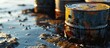 A pile of oil filters and containers spilling on everything Where is your oil going. Copy space image. Place for adding text