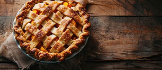 Poster - Closeup homemade pie with peaches on wooden table Top view. Copy space image. Place for adding text