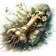 Ai generates an illustration of an animal fossil surrounded by flowers and roots