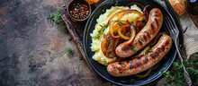Sausages With Fried Onions And Mashed Potatoes. Copy Space Image. Place For Adding Text