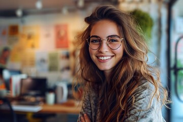 Wall Mural - Portrait of young smiling woman looking at camera in the creative office