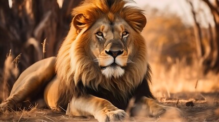 Wall Mural - a big and beautiful wild lion lying down or resting on a dusty jungle road. blurred savanna trees an