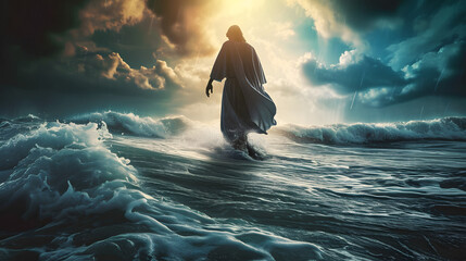 Wall Mural - Jesus walks on water across the sea during a storm. Biblical theme concept.