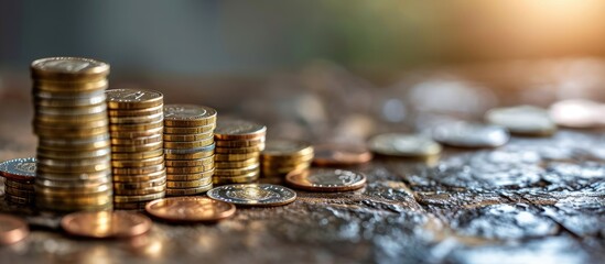 Stack of coins next to a downward curve symbolizing the loss of value of money due to inflation. Copy space image. Place for adding text