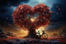 Tree Is Extraordinary, Spreading Love Like Leaves. The Bicycle Has Hearts, Making It Super Special. 