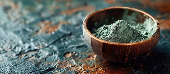 Poster - Green bentonite clay powder in a bowl Clay texture close up Diy mask and body wrap recipe Natural beauty treatment and spa. Copy space image. Place for adding text