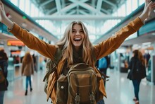 Excited Woman Wears A Backpack In The Airport