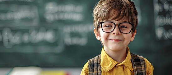 Wall Mural - Happy kind teacher is helping a boy in elementary school lessons. Copy space image. Place for adding text