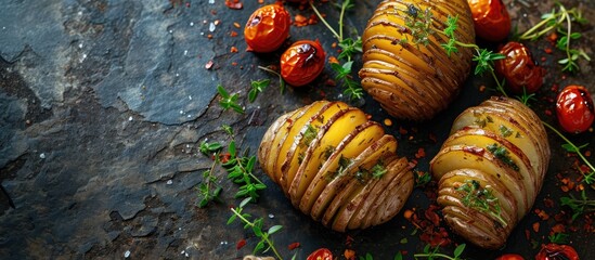 Canvas Print - Hasselback potatoes with meat and herbs. Copy space image. Place for adding text