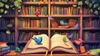 Open Book against the background of a shelf with books accompanied by colorful friendly birds.