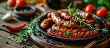 Kabanosy Polish Sausages Made Of Pork On A Board With Addition Of Fresh Herbs And Spices On A Wooden Board Close Up. Copy Space Image. Place For Adding Text