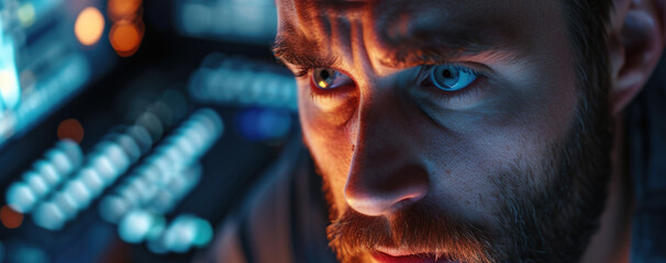 A close-up view of a man's face as he sits in front of a computer. This image can be used to depict technology, work, or online communication