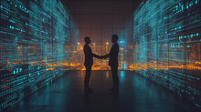 Businessmen Shaking Hands Against Night Cityscape With Buildings And Binary Code