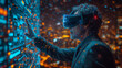 Businessman wearing virtual reality goggles in front of a night city background