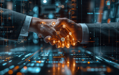 Close up of two businessmen shaking hands with each other on digital background