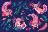 Fototapeta  - Sticker set of four cute cartoon axolotls, amphibian creatures are floating in the seaweeds