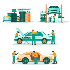 Wall Mural - Auto repair shop compositions in flat design