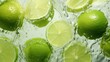 A close up of limes and lime slices in water