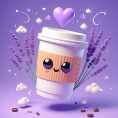 Wall Mural - Paper cup of coffee fly with violet heart, with lavender, 3d illustration, render, in cute style, in cartoon style, high quality, on violet background. Advertising: brewed coffee for Valentine’s Day.
