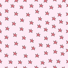 Pink Stars Seamless Pattern On A Light Pink Background. Bewitching Endless Random Scattered Pink Stars Festive Pattern. Pink Background For Kids. Vector For Fabric, Wallpaper, Wrapping Paper, Textile.