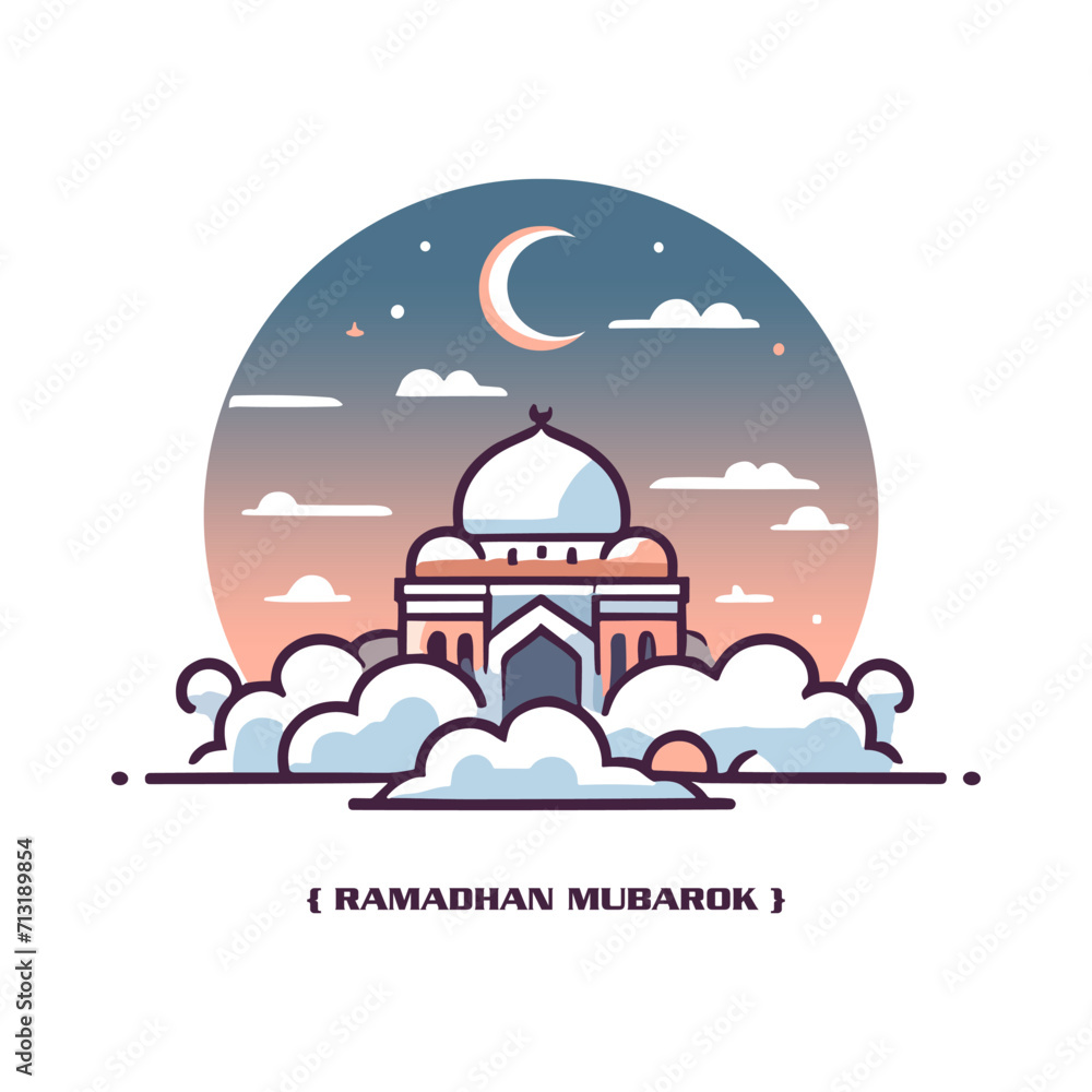 a mosque surrounded by clouds and a crescent moon in the sky. The ...