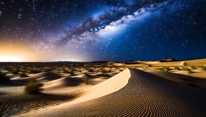 Wall Mural - Celestial Wilderness: Sandy Desert Landscape Bathed in the Glow of the Night Sky