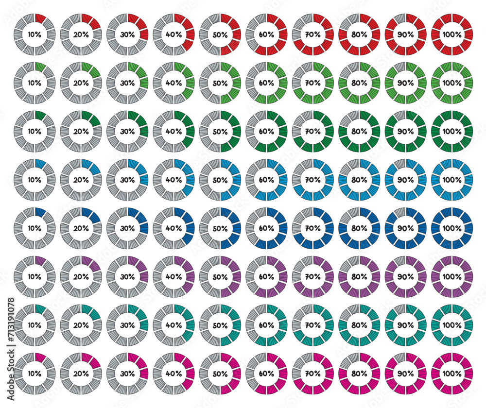 colored hand drawing percentage pie charts and percentages numbers ...