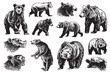 Graphical set of grizzly bears isolated on white background ,vector illustration.	
