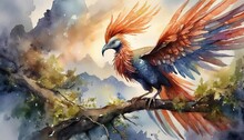 The Watercolor Of The Red Phoenix Bird On The Branch.