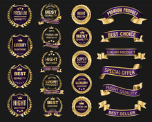 Golden Purple Luxury Premium Quality Label Badges On Grey Background Vector