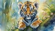 The watercolor of the baby tiger at the jungle.