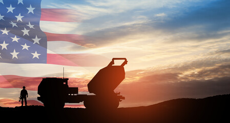 Wall Mural - Artillery rocket system are aimed to the sky and soldier at sunset with USA flag. Multiple launch rocket system. Greeting card for Veterans Day, Memorial Day, Independence Day. America celebration.