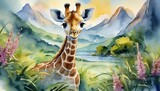 The watercolor of the baby giraffe in the jungle.