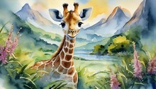 The Watercolor Of The Baby Giraffe In The Jungle.