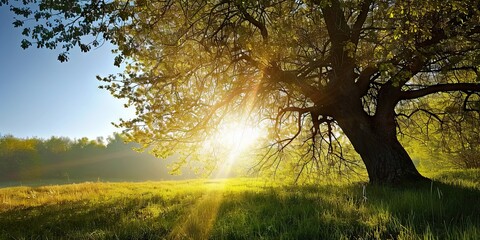 Wall Mural - Lone oak tree standing tall in sunlit meadow nature landscape with green grass under summer sky beautiful sunrise countryside park outdoor environment single large tree with fresh organic in field