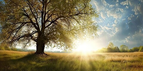 Wall Mural - lone oak tree standing tall in sunlit meadow nature landscape with green grass under summer sky beau