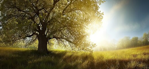 Wall Mural - lone oak tree standing tall in sunlit meadow nature landscape with green grass under summer sky beau