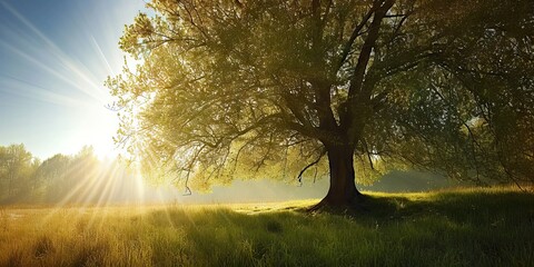 Wall Mural - lone oak tree standing tall in sunlit meadow nature landscape with green grass under summer sky beau