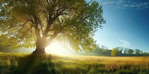 Wall Mural - lone oak tree standing tall in sunlit meadow nature landscape with green grass under summer sky beau