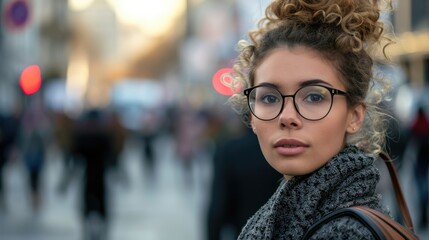 Wall Mural - a business woman with bag wearing glasses with blurred people walking in town city