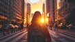 Rearview photography of a young woman or businesswoman wearing a backpack walking through a city or downtown street traffic at the sunset, tall buildings or skyscrapers and towers, people blurred