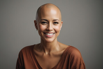 Wall Mural - bald woman smiling in studio portrait with hoop earrings
