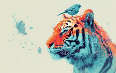  The cute tiger art with a small bird on head.