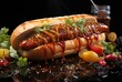 A savory hot dog loaded with sauce and a variety of vegetables, a perfect fast food option for those craving a hearty meaty snack with a touch of german cuisine