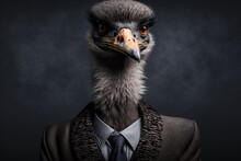 Portrait Of Ostrich In A Full-length Business Suit On A Dark Background