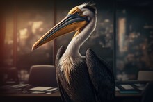 Portrait Of Pelican In A Dark Business Suit With A Gold Tie On A Blurred Background Of An Office