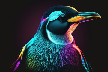 portrait of penguin in neon colors on a dark background
