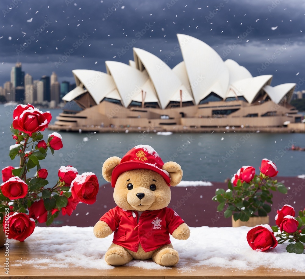 Teddy bear sitting in front of Sydney Opera House during snowfall の ...