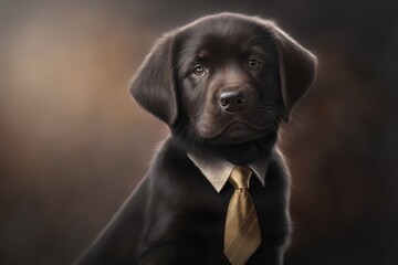 Wall Mural - portrait of puppy in a dark business suit with a gold tie on a blurred background of an office