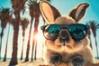 portrait of rabbit in sunglasses on a blurred background of palm trees and the beach